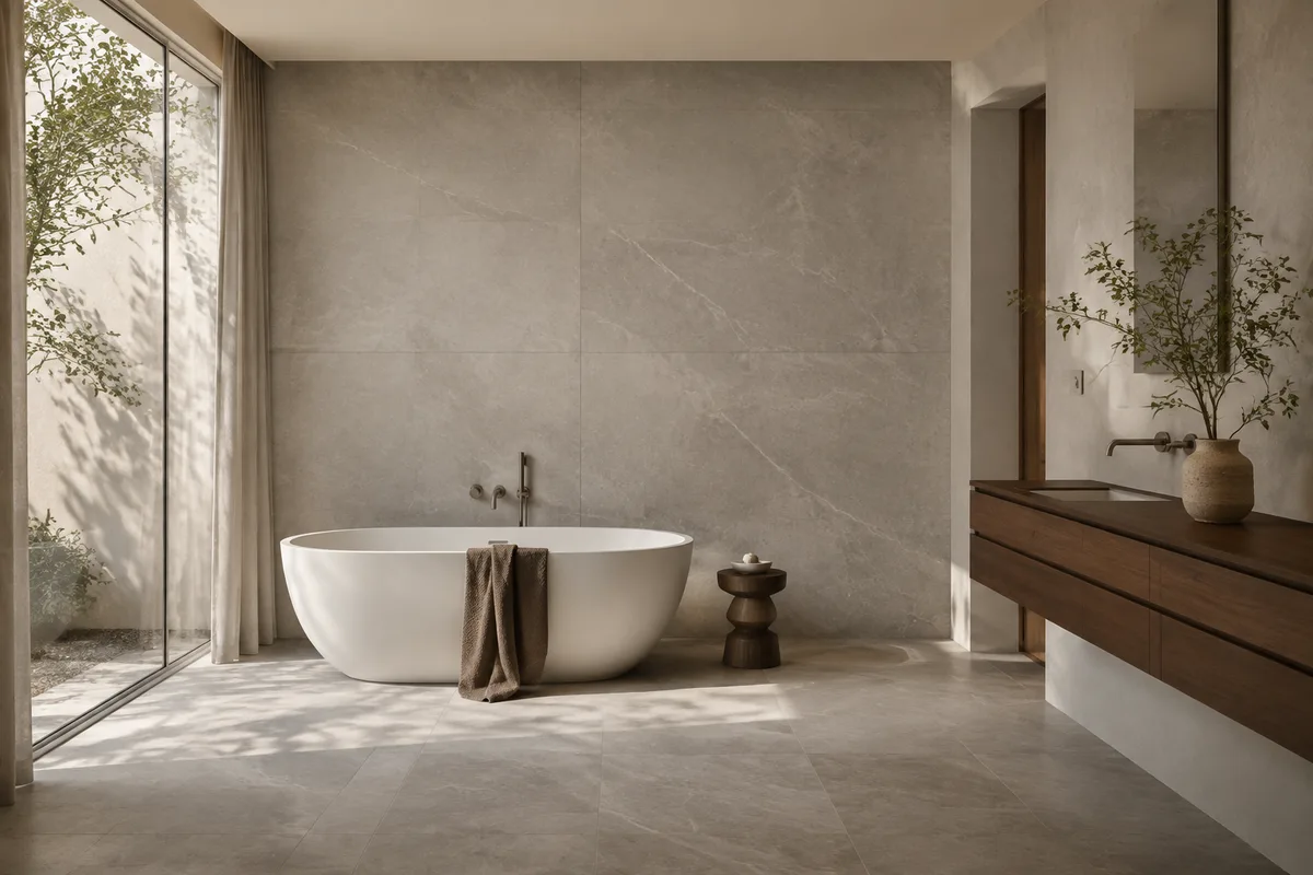 Calm bathroom with pale mineral surfaces, walnut vanity and freestanding bath