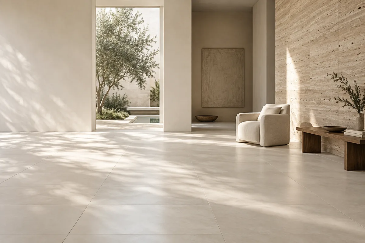 Light-filled architectural gallery with expansive pale ceramic surfaces