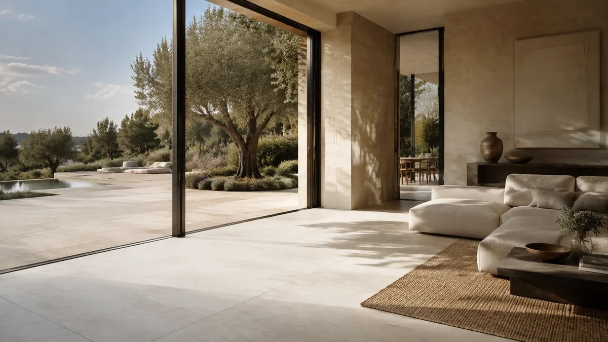 Sunlit contemporary living space with ceramic flooring and olive garden