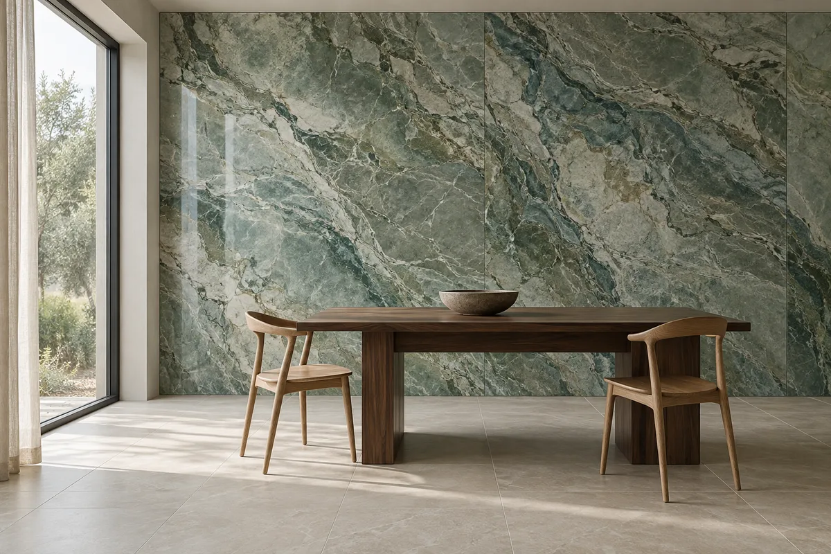 A green mineral-inspired feature wall, walnut dining table and pale ceramic floor in a calm dining room