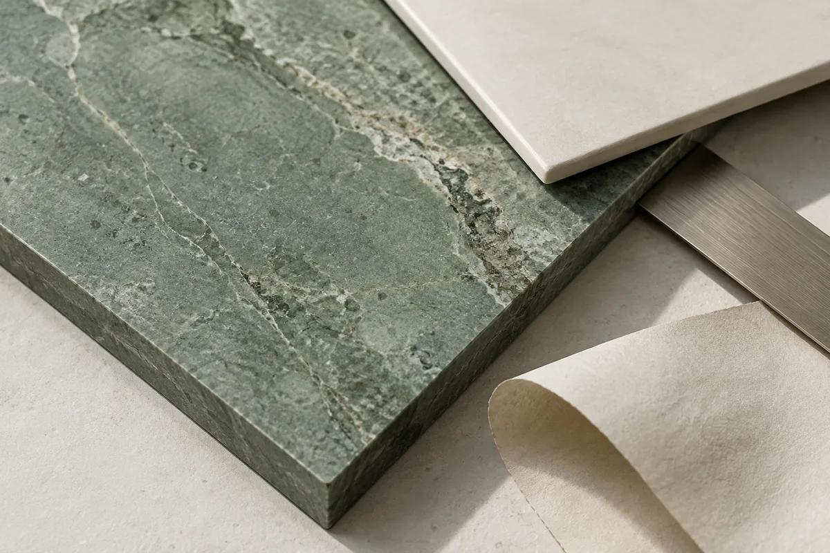 Jade green and ivory material study with brushed metal and paper