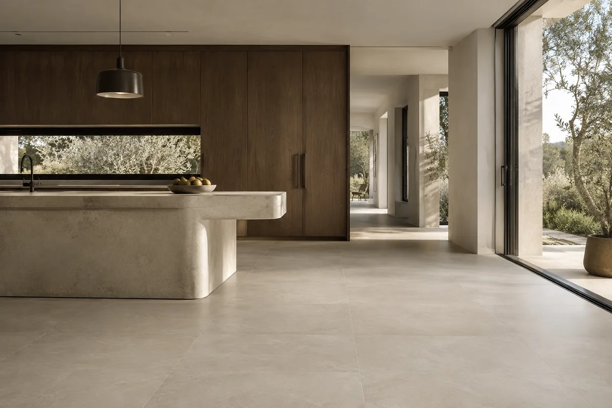 Warm contemporary kitchen with walnut cabinetry, ceramic floor and olive garden