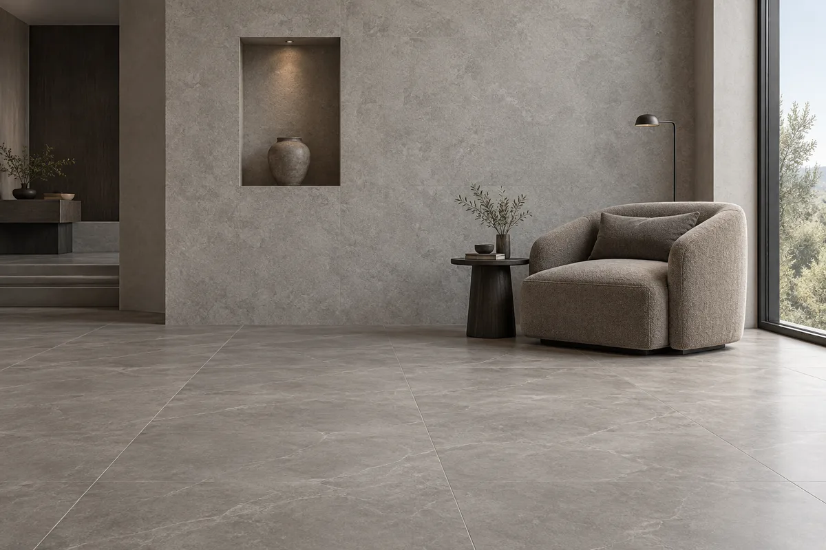 Quiet grey mineral surfaces in a reading lounge with a taupe armchair and natural side light